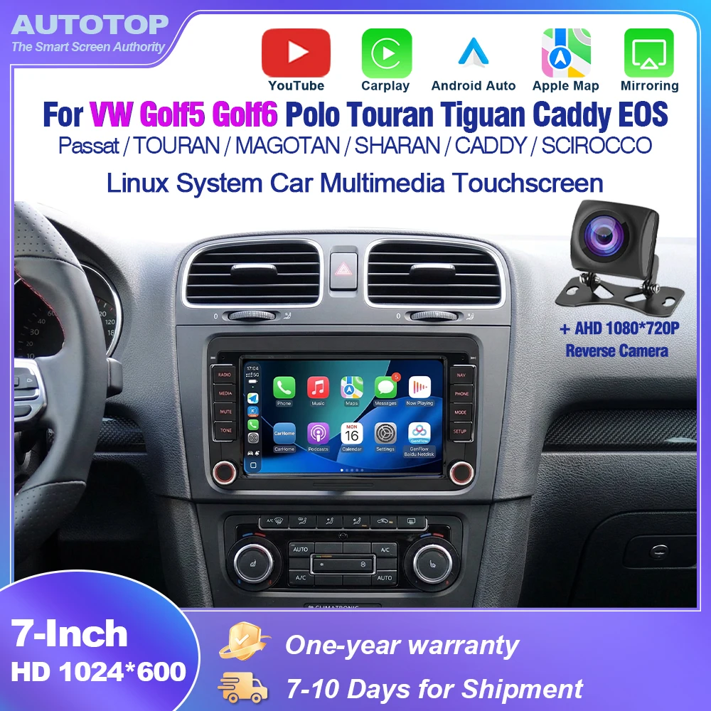 AUTOTOP Schermo multimediale touch screen da 7 pollici con YouTube, CarPlay e Android Auto per Volkswagen Skoda Octavia Golf 5 6 Touran Passat Polo Jetta