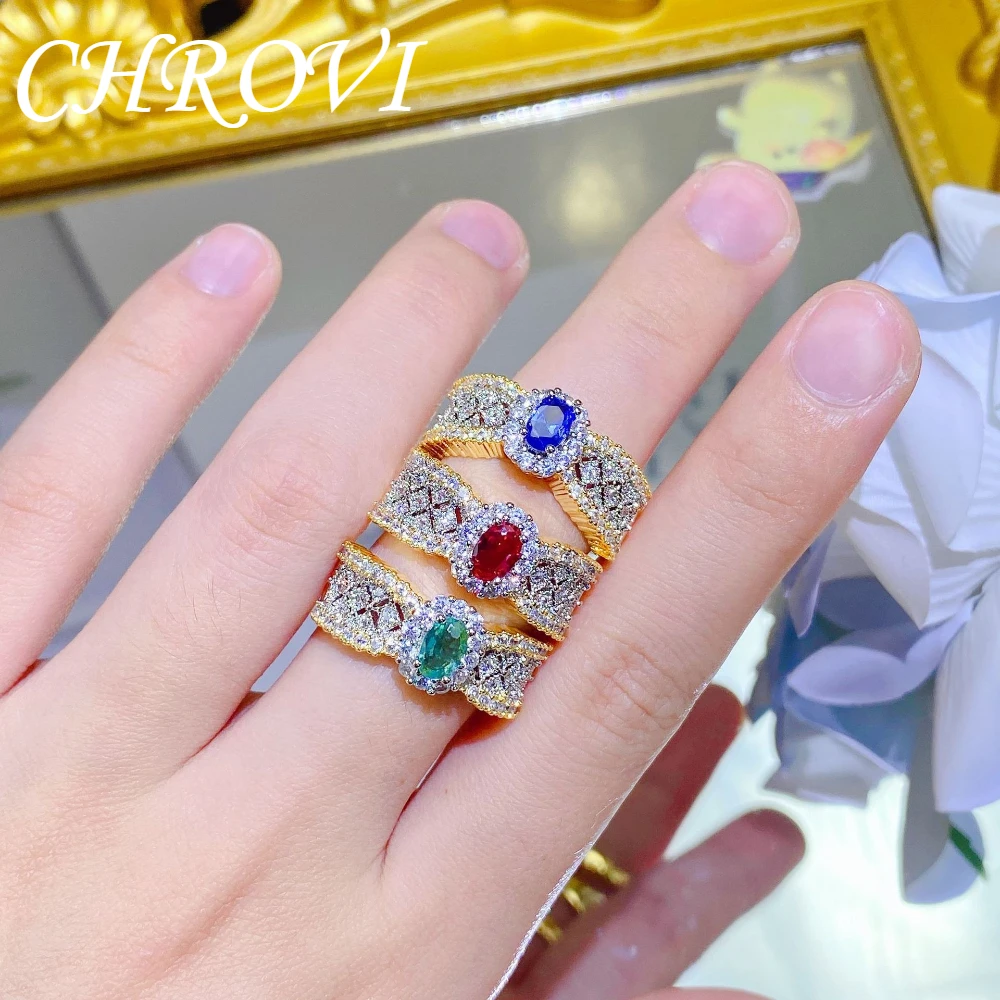 Luxury-Style 925 Sterling Silver Lace Edging Two-Color Gold Set with Diamond and Gemstone Ring