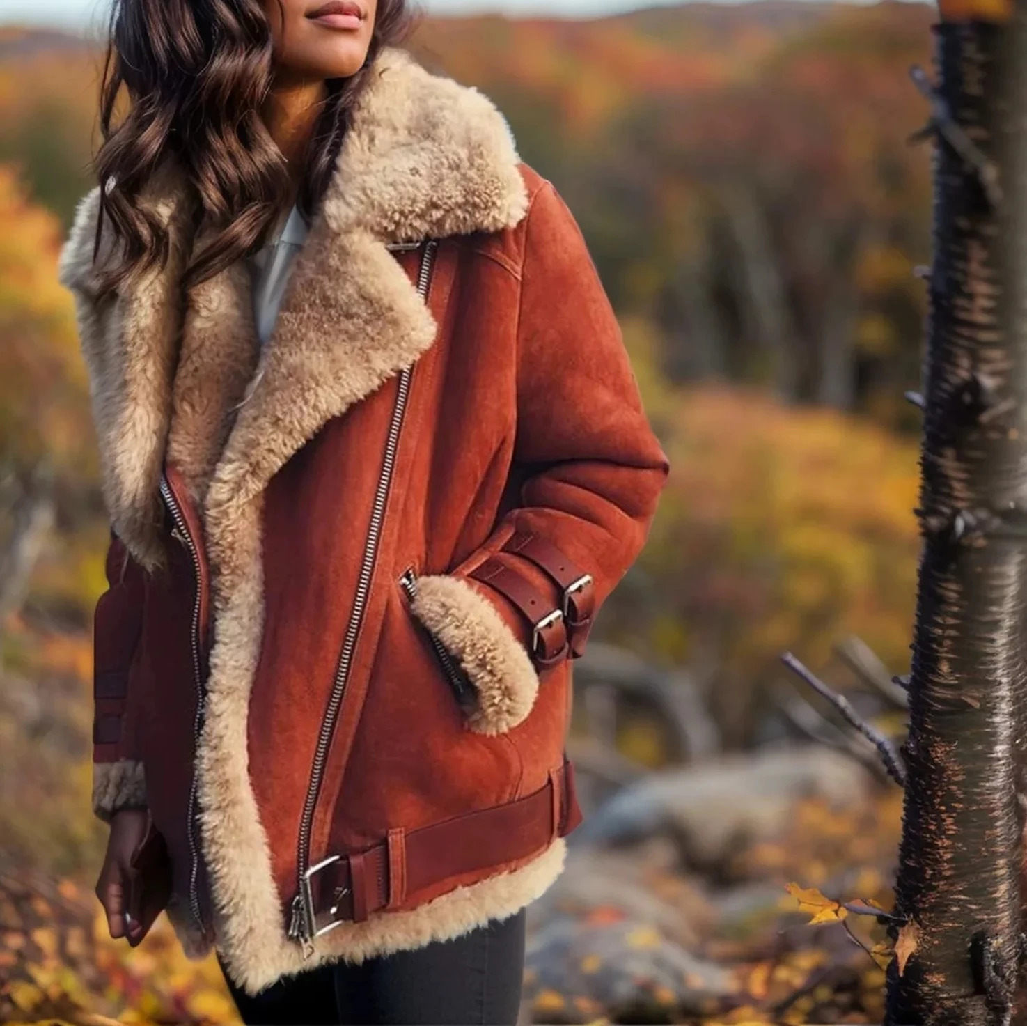 2025秋冬新作 レディース バイクジャケット |   襟付きファー コットン スエード ラムウールコート |   ゆったりとした厚手の暖かいファー襟