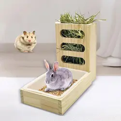 Wooden Rabbit Hay Feeder with Litter Box Bunny Hay Manger Feeder Cage Accessories for Small Animals Feeding Supplies