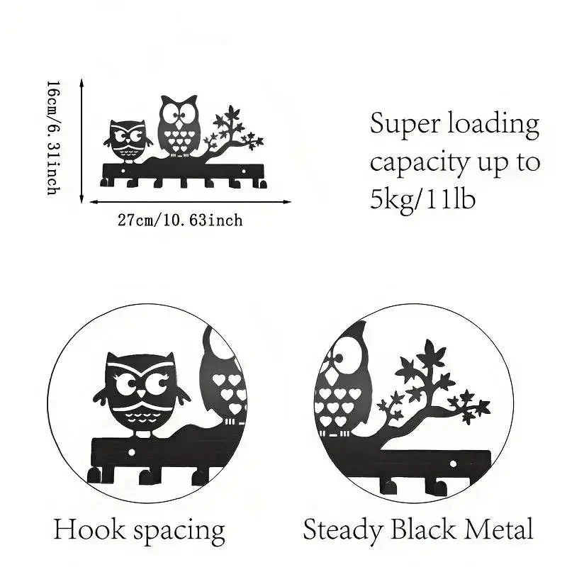 2D Multi-Purpose Black Metal Owl Key Holder Hooks for Door, Corridor, Foyer, Bedroom,Dormitory - 7 Hook Racks wall decor view 3