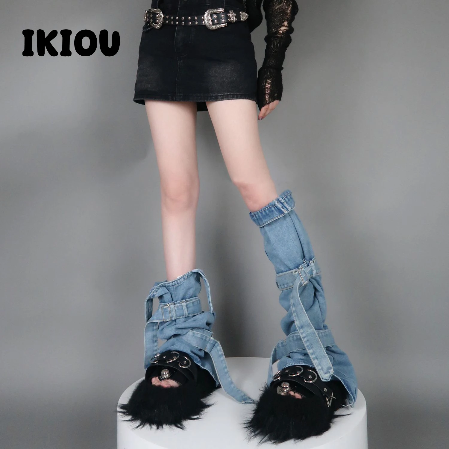 

Unique Fashionable Y2K American Retro Style Denim Leg Warmer with harajuku Lace-up and Irregular Pile Design lolita