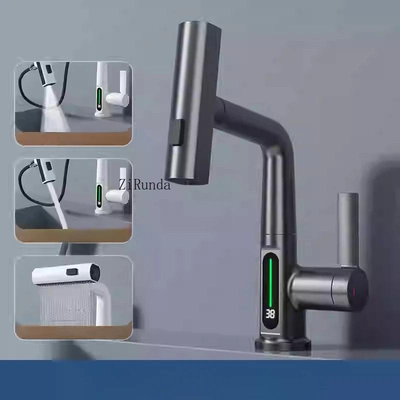 Digital Display Basin Faucet Washbasin Pull-out Hot and Cold Multi-functional Lifting and Rotating All-copper Gun Gray