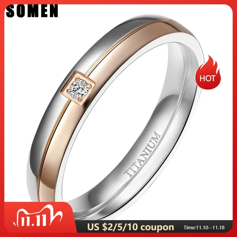 Somen Ring Women 4mm Titanium Rings Simplicity Cubic Zirconia Wedding Band Engagement Rings Romantic Couple Jewelry Bague Femme