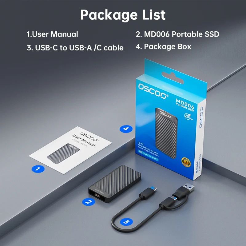 OSCOO 2100MB/s TypeC USB3.2 Portable SSD 1TB 2TB High Speed Solid State Drive 20Gbps External Storage PSSD For Laptop Phone