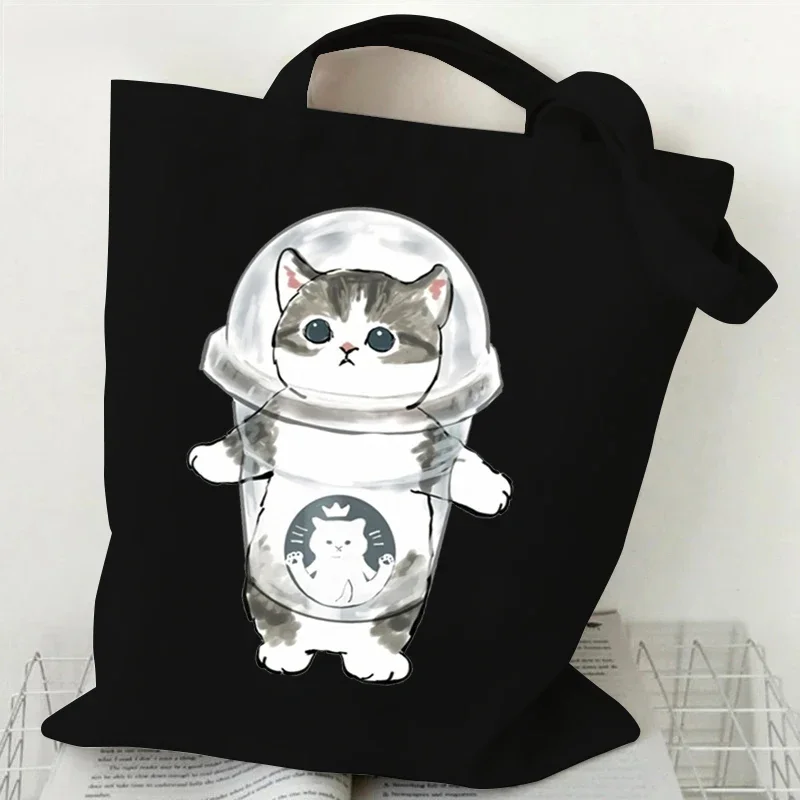 High Capacity Women Men Canvas Shoulder Bags Cute Cats Cartoon Anime Tote Bag Teen Girls Beach Bag Funny Kitten Female Handbags