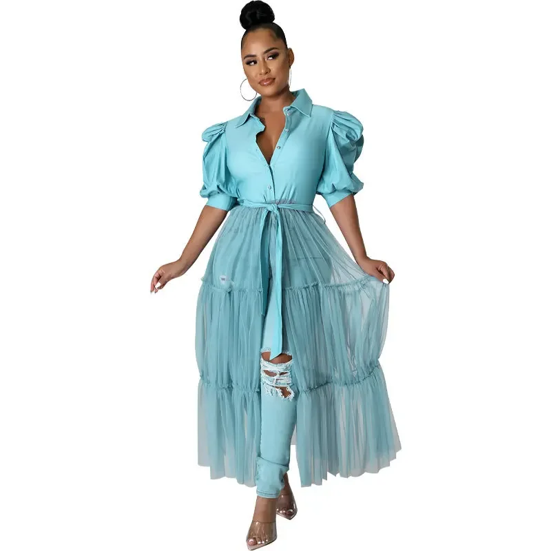 Plus-size Fashion Dress for Women  Summer Clothing Casual Solid Shirtdress Women Short-sleeved Shirt Single-breasted Lazy Robes