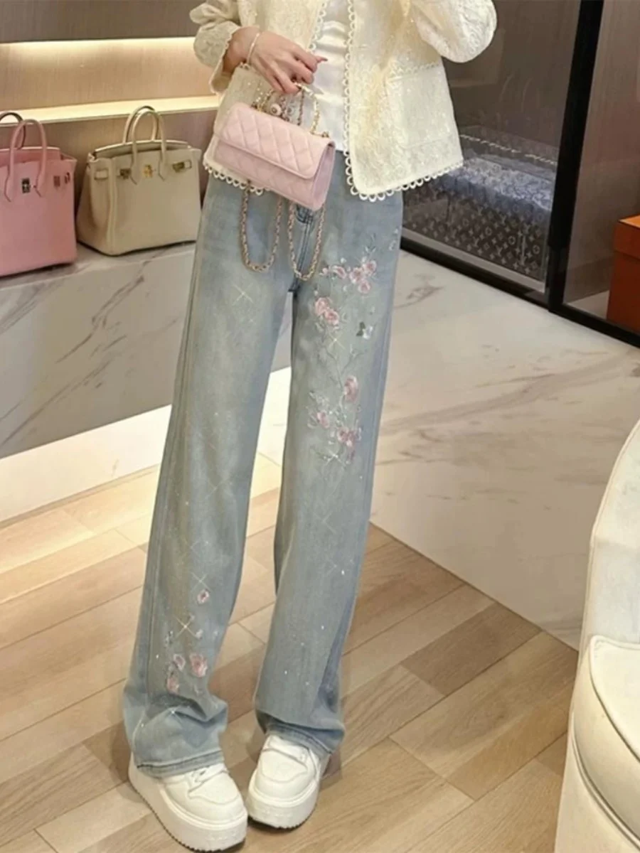 

Elegant High Waist Straight Leg Jeans Women's Slim Fit Embroidered Rhinestone Denim Pants Summer Fashion Long Trousers
