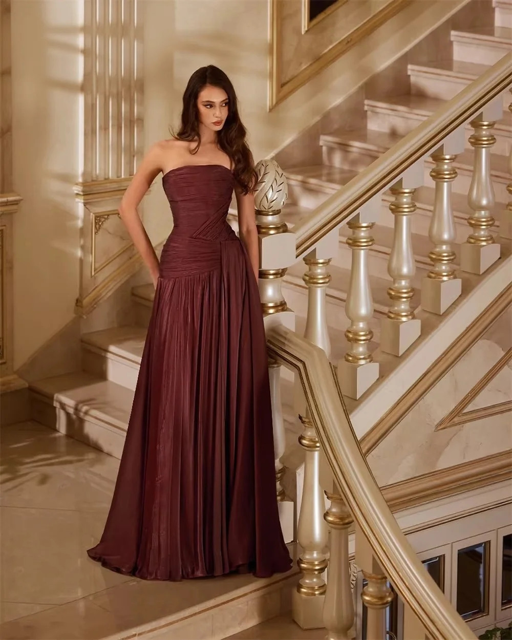 Ladies Strapless Floor Length Dresses Pleated Design Formal Evening Gown Long Dresses For Women For Wedding Party Guest Outfit - view 2