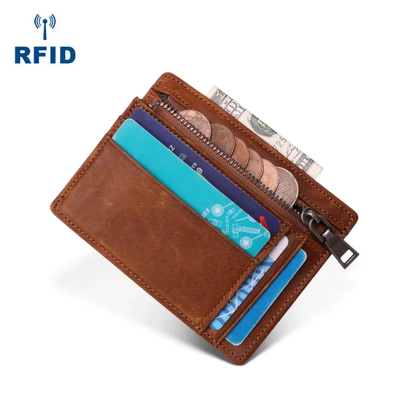 RFID bolsa de couro genuíno, multi-funcional cartão de identificação caso, bolsa moeda, zíper carteira pequena, vários slots