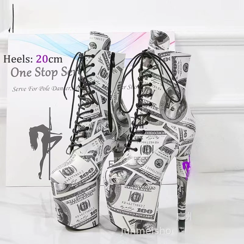 CACA 20cm High Heels Stage Pole Dance Shoes,Dollar Pattern Ankle Botas,Women Fetish Platforms Short Boots,Side Zip,Dropship