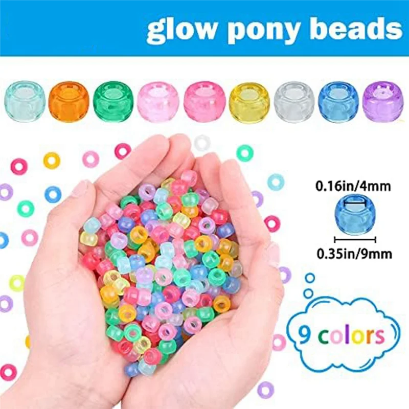 A67I 1900Pcs Glow in the Dark Pony Beads Mix 9 Colors Glow Pony Beads Luminous Beads Bulk Acrylic Hair Beads Plastic Beads