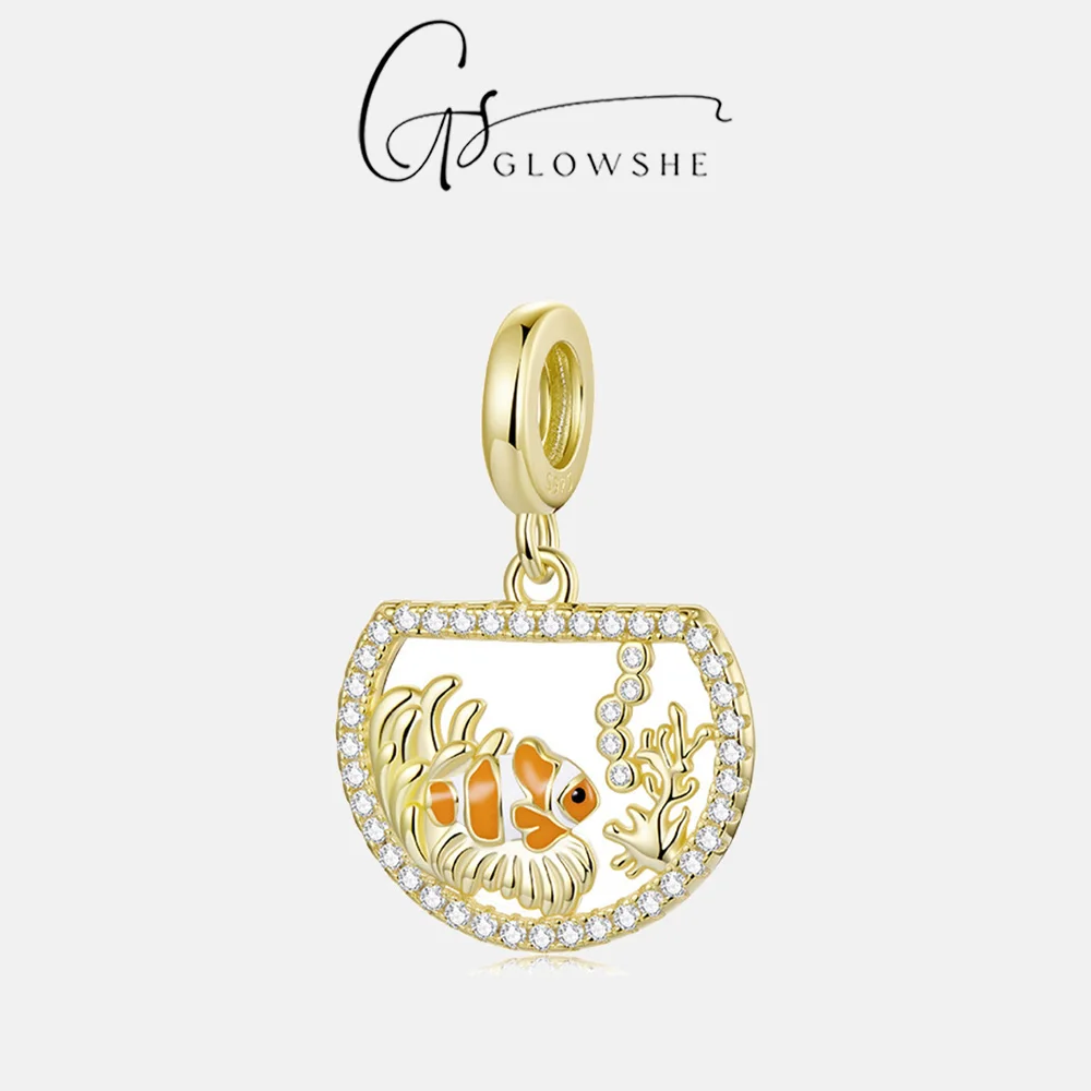 

Glowshe 925 Sterling Silver Zircon Clownfish Fish Tank Charm Pendant Dainty Ocean Animal Fine Jewelry For Fit Bracelet Necklace