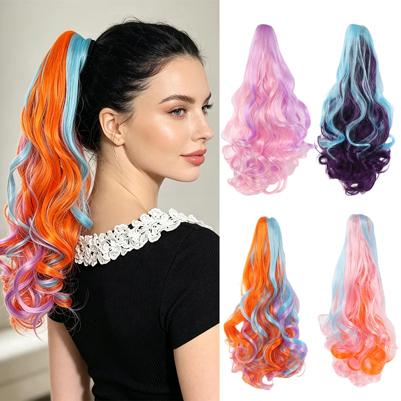 Colorful Gradient 3-Tone Synthetic Hair Extension Ponytail with Clip, Long Wavy Curly Wig for Women, Voluminous Big Wave Style