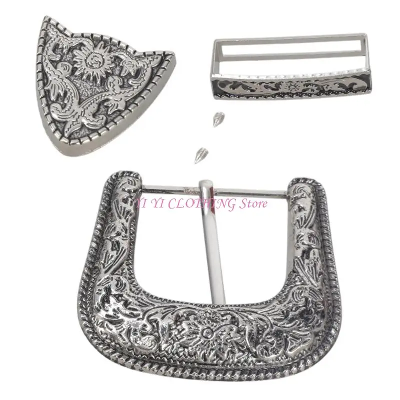 N5KF Engraved Flower Belt Buckle Set for Waist Belt Replaceable Waist Band Repair