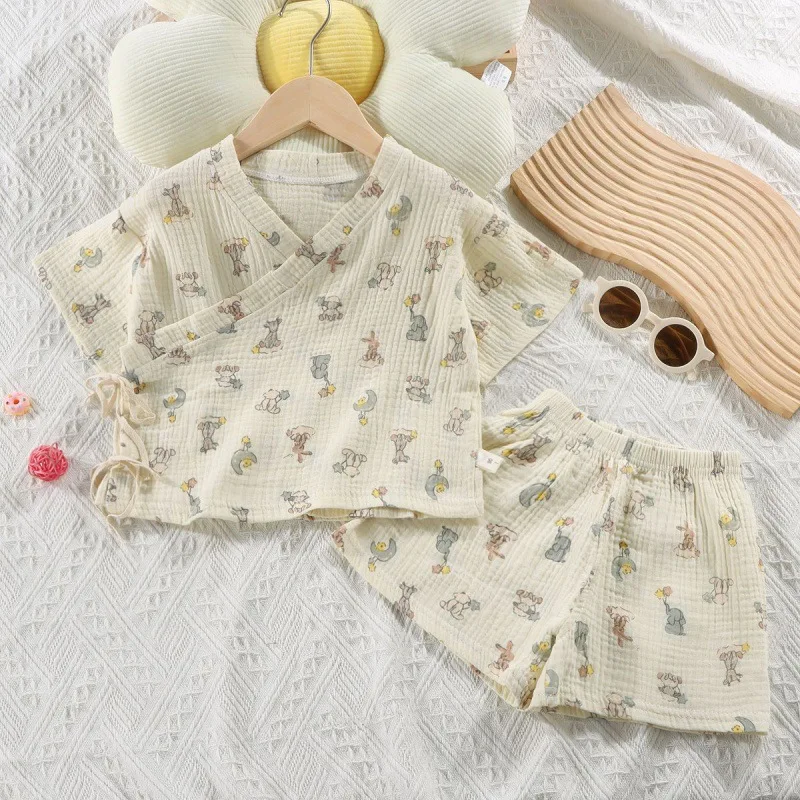 Baby Boys Girls Summer Outfits Clothes Newborn Muslin Cotton Short Sleeves Shirt Shorts Suits Top+Pants Sets 2pcs 0-18M