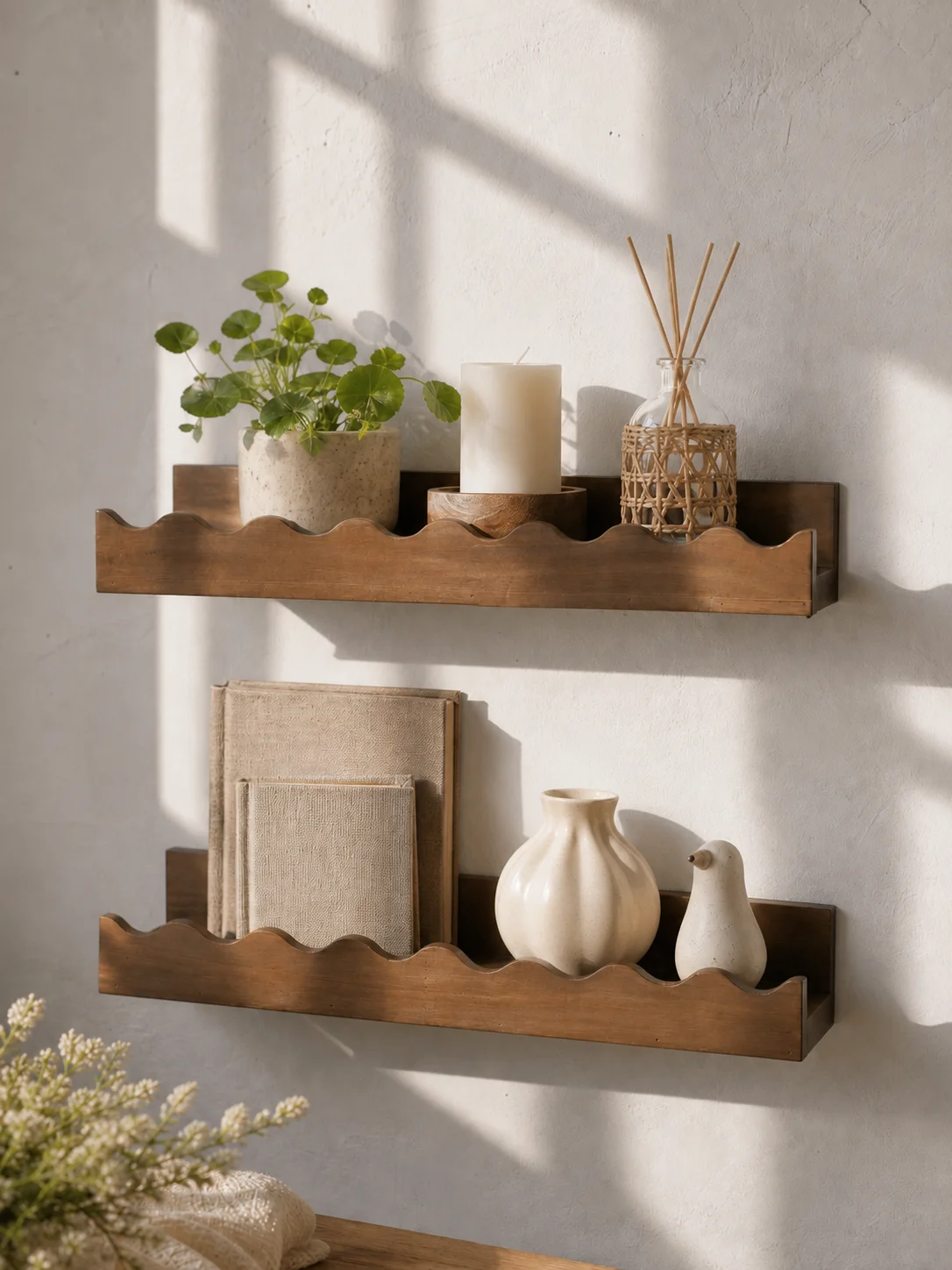 Rustic Wavy Edge Wooden Floating Wall Shelf Farmhouse Mounted Display Rack Bedroom Bathroom Nursery Home Decor Storage Organizer