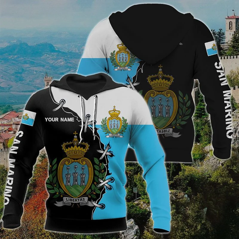 San Marino Uzbekistan National Emblem Hoodie Unisex Loose Fashion Sweatshirts 3D Printed Flag Pullover Hoodies Custom Name