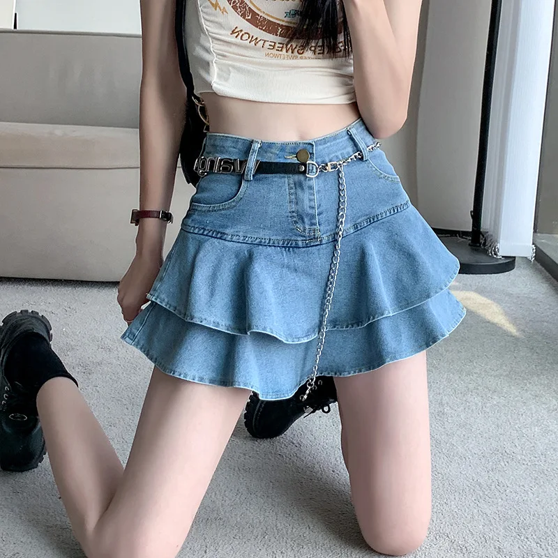 

Retro Denim Skirt Shorts Women's Summer Korean Fashion High Waist A-line Slim Fit Cute Sexy Cake Skirt Denim Pleated Skirt Women