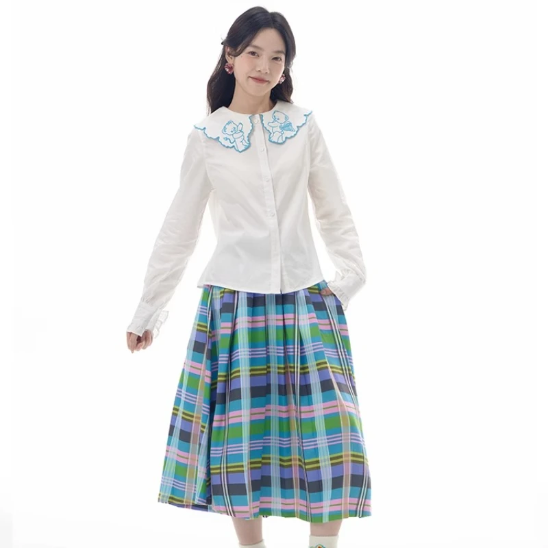 2025 Spring Autumn Original Women's Long sleeves Top Blue Cartoon Embroidered Lace Collar Versatile Sweet White Shirt Ladies