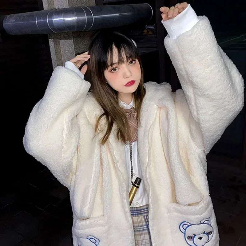 

Autumn Winter Plush Hoodie Women's Large Loose Plush Warm Hoodie Pocket Embroidered Korean Women Cute Coat 후드티