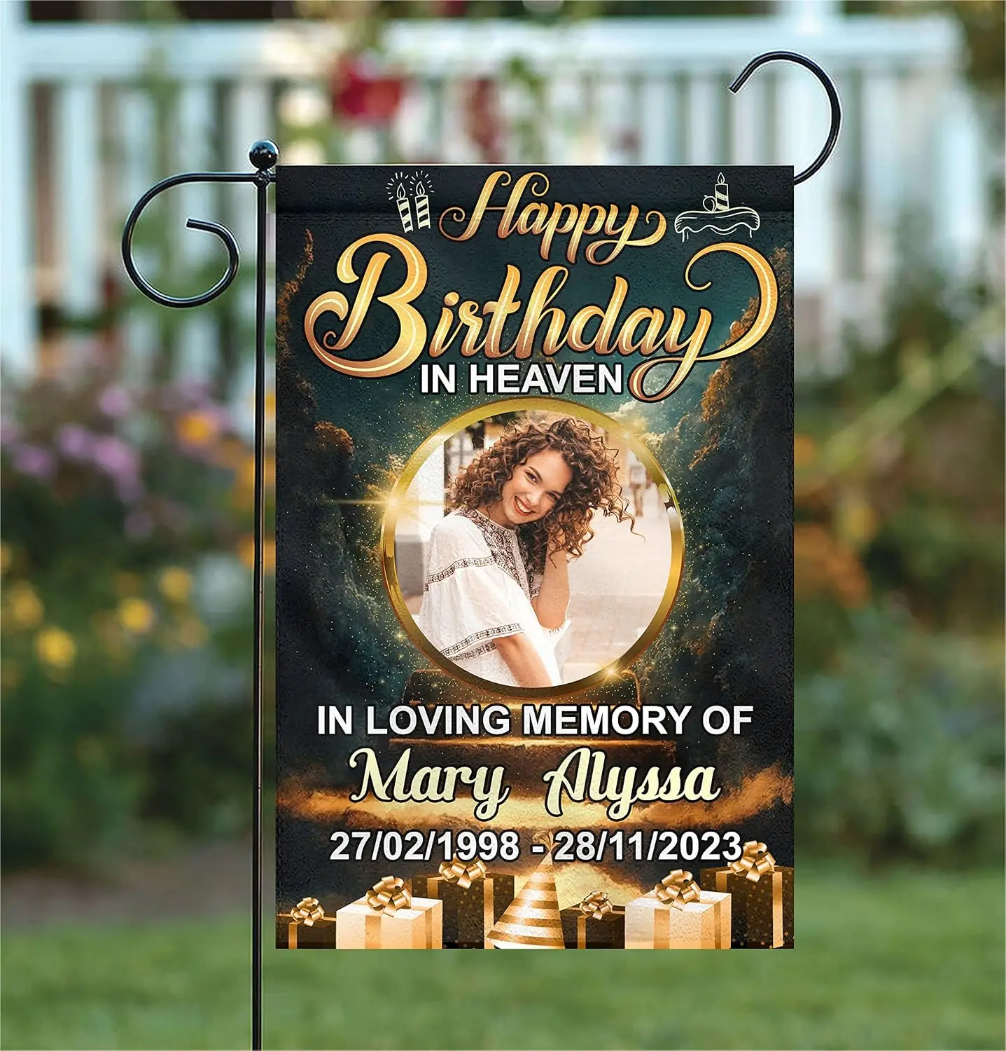 PREZZY Happy Birthday in Heaven Memorial Garden Flag with Photo Name Date for Gravesite House Outdoor Decorations 12x18 Double S