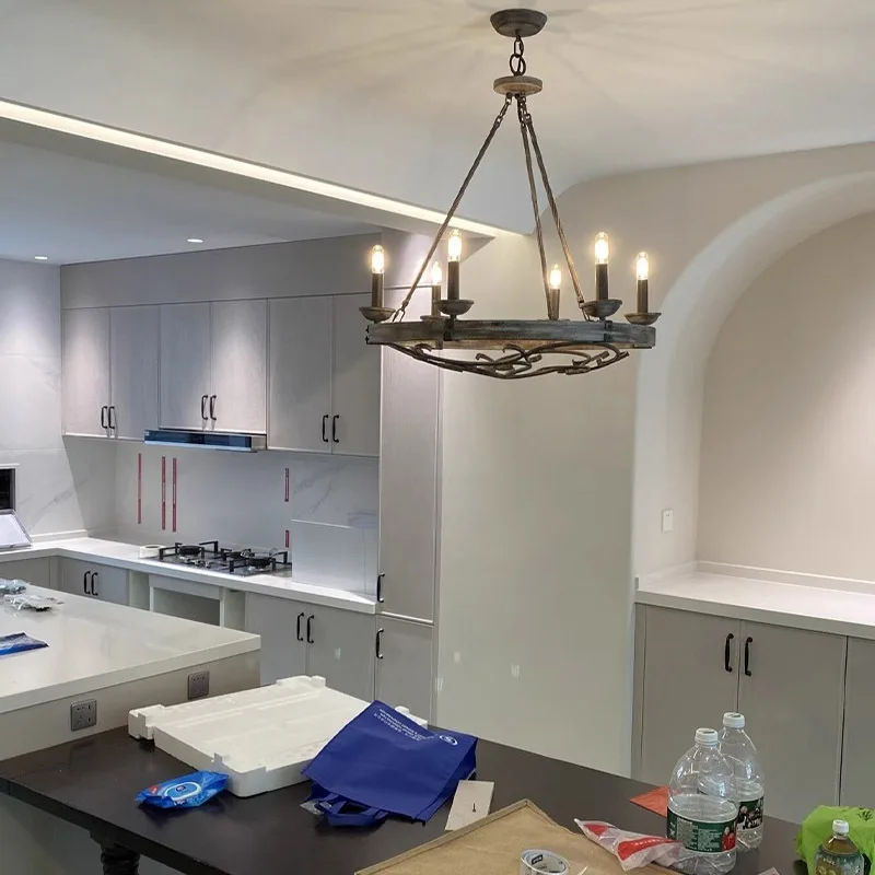 โคมไฟระย้าล้อไม้สไตล์อเมริกันย้อนยุคอุตสาหกรรม ห้องนั่งเล่น ไฟห้องรับประทานอาหาร ไฟห้องนอน ไฟวิลล่า