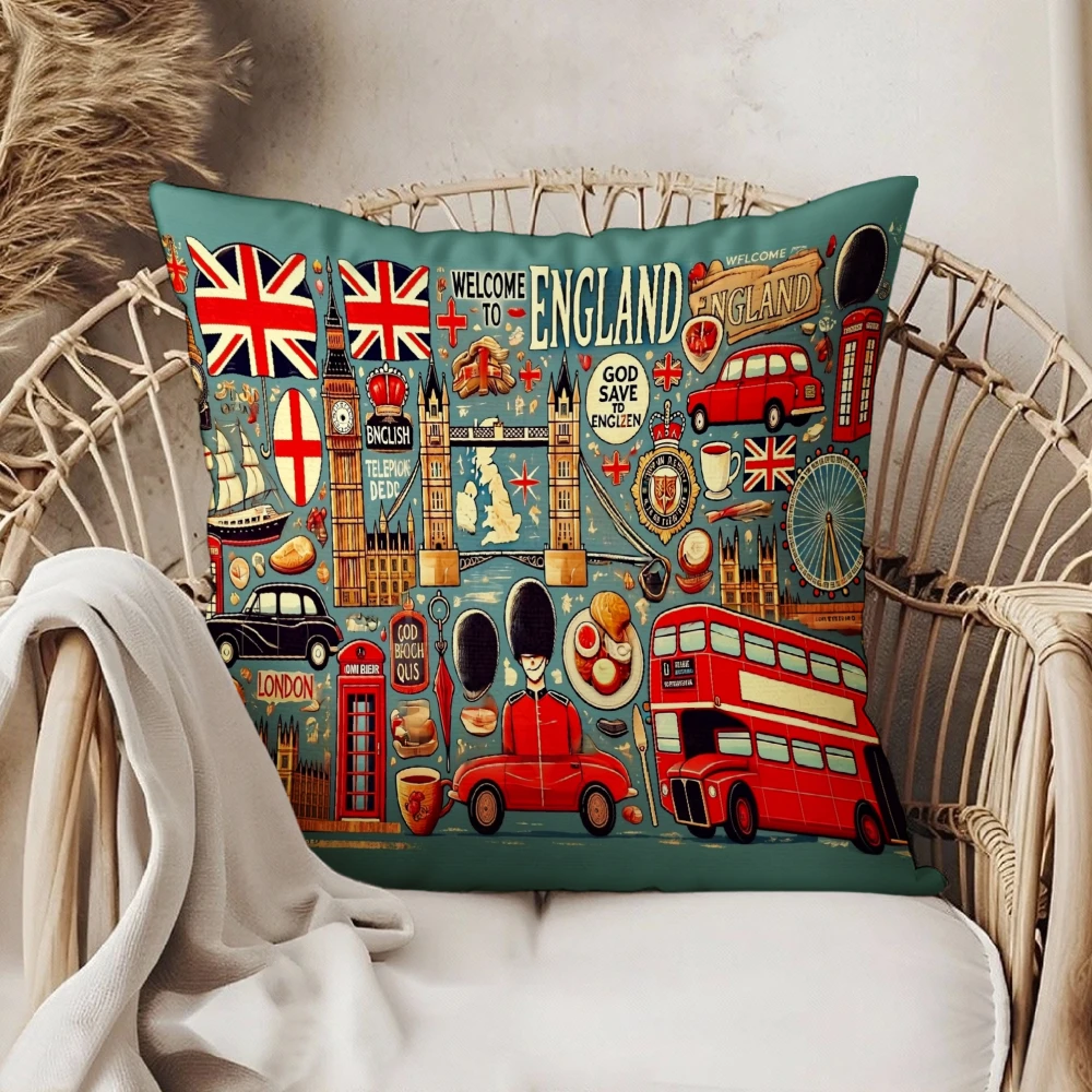 Square Throw Pillow Case Teal England London Landmarks Union Jack Red Bus Big Ben Print For Living Room Bedroom Sofa Chair Decor