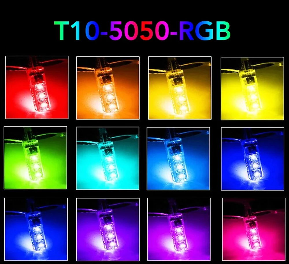 1Set T10 Rgb W 5W Led 194 168 Canbus Auto Klaring Lichten Cob 12smd Met Afstandsbediening Flitser/Stroboscooplamp Wig Leeslampje