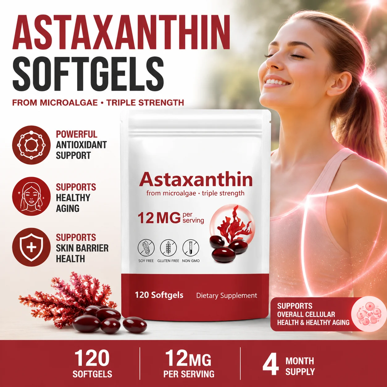 Astaxanthin Supplement 12mg Softgels from Microalgae with Antioxidant Support for Skin Health & Healthy Aging 120 Count