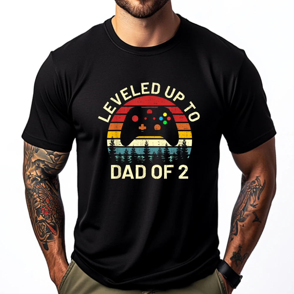 

leveled up to dad of 2 video gamers funny gaming two daddy Christian Tshirt Men Men's Clothing Graphic