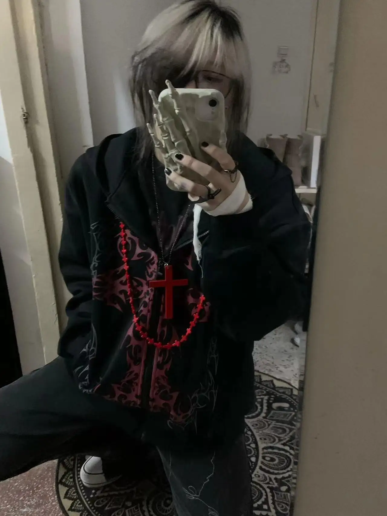 Subculture Dark Style Hooded Sweatshirt Rock Punk Loose Jacket Print Top for Women Sweatshirt Hoodie Oversized Hoodies