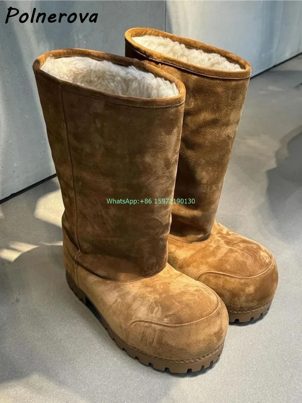 Weiches Fell, solide Schneestiefel, runde Zehen, dicke Sohle, Nähen, Slip-on-Kniehohe Stiefel, prägnante Street-Style-Winter-warme Schuhe 2025,