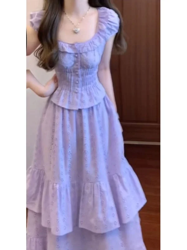 

Летний модный комплект из двух предметов: топ с рукавами-фонариками и юбка, цвет фиолетовый, из мягкого хлопка, повседневный наряд.