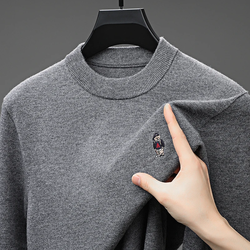 Sheep wool100% Men's autumn high quality long sleeves pullover round neck keep warm embroidery sweater leisure Men's clothing