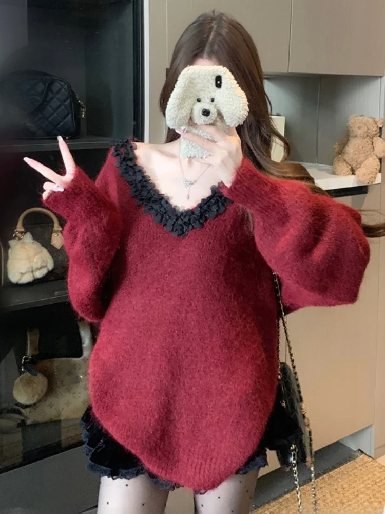 

Soft Gentle Wind Loose V-neck Lace Knitted Sweater Women's Spring Autumn Warm Tie Top Pure Desire Knitwear Casual Daily