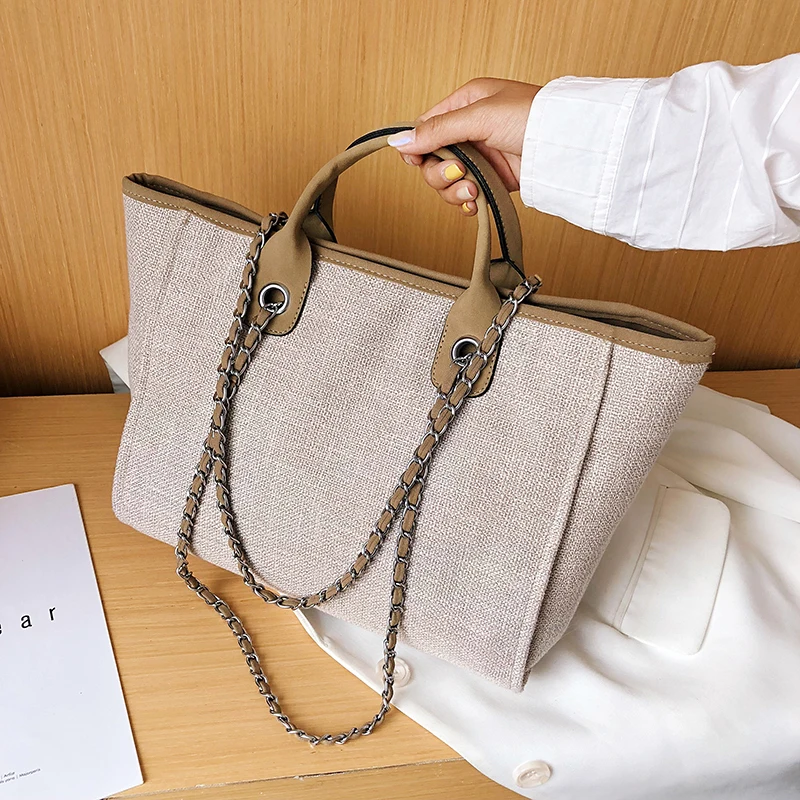 

Tote Bag For Women 2023 New Luxury Shoulder Canvas Large Female Cloth Shopper Shopping Vintage Simple Big Travel Chain Handbags