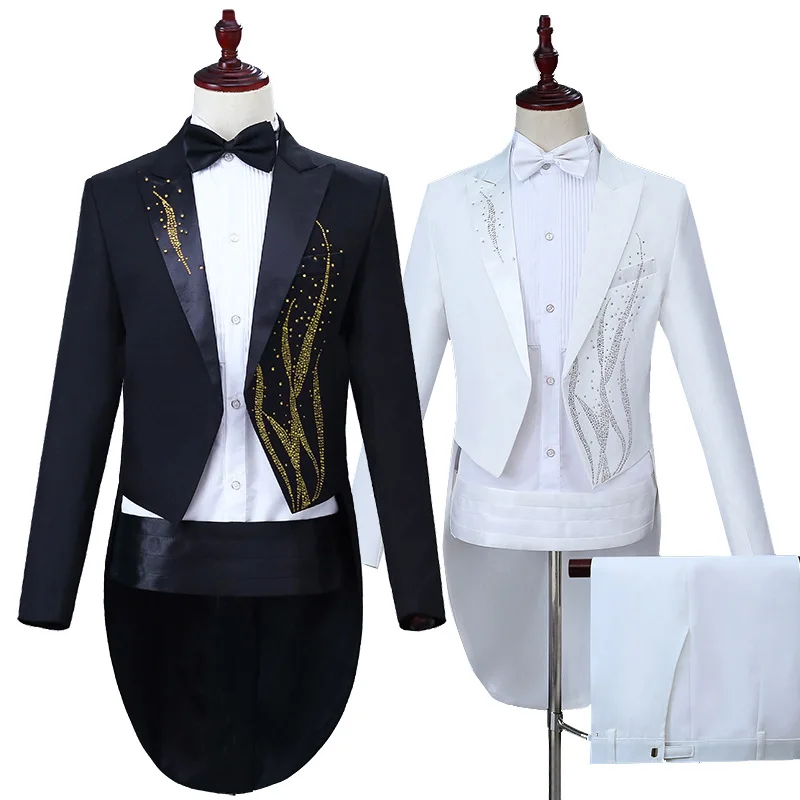 Men's performance dress (tuxedo + trousers) seaweed color diamond tuxedo black and white magician Bel Canto singer two-piece set