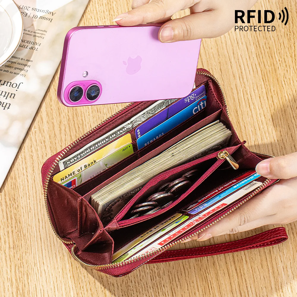 RFID-Geldbörse aus echtem Leder für Damen, 2022, neue Mode, Damen-Geldbörse aus Rindsleder, großer Kartenhalter, Clutch-Handtasche