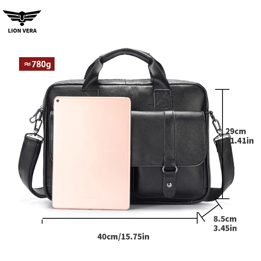 LION VERA Bolsa masculina de couro genuíno, bolsa de negócios casual para viagens, bolsa portátil de ombro transversal, bolsa para laptop de 15,7 polegadas