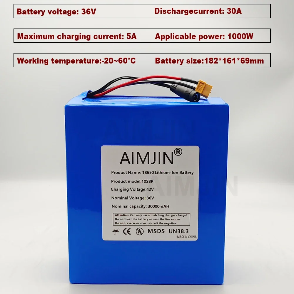 36V 30000mAh 10S8P 18650 lithium battery pack, 1000W built-in BMS, suitable for various energy storage backup+Charger