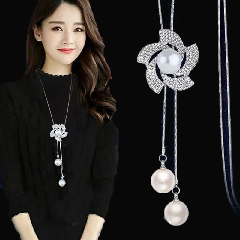 Crystal Moon Flower Long Necklaces for Women Jewelry 2024 Fashion Tassel Silver Color Necklaces & Pendants Sweater Chain Collier