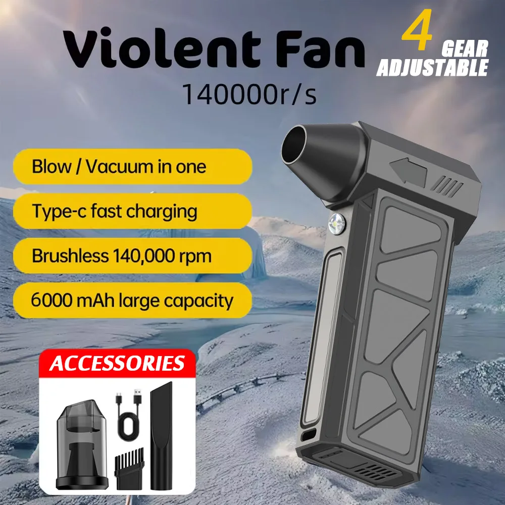 140000RPM Car Electric Air Duster Mini Turbo Violent Fan 4 Speeds Rechargeable Super Jet Dry Blower for Cars Road Snow Removal