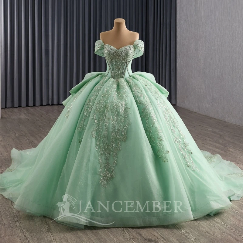 

Mint Green Shiny Quinceanera Dresses Off The Shoulder Sequin Applique Lace Beading Tull Party Birthday Sweet 16 Dress Vestidos