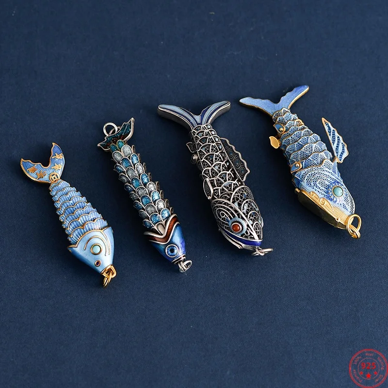 S925 Sterling Silver Pendants for Women New Fashion Vintage Ethnic Style Flexible Koi Can be Opened Enamel Jewelry Free Shipping