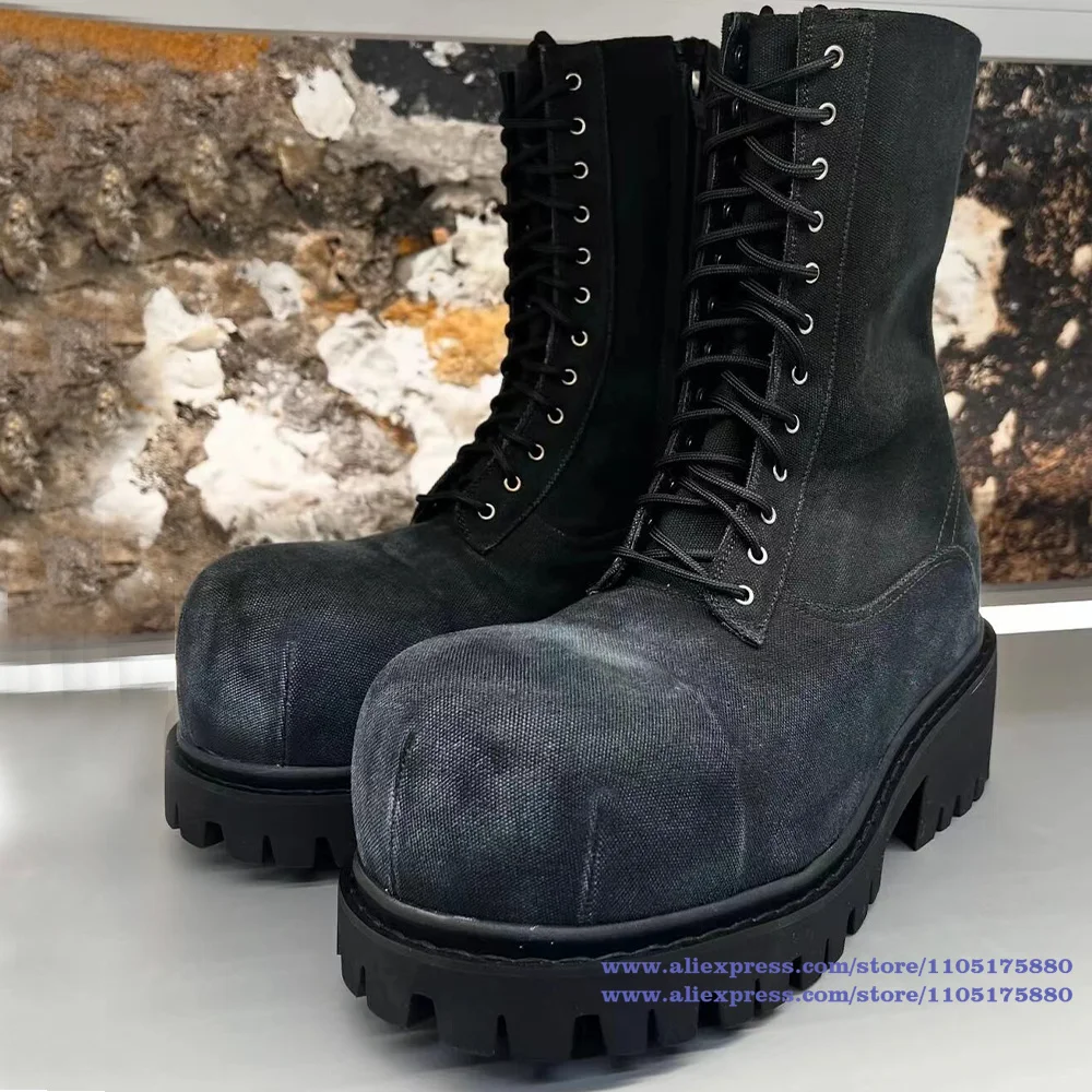 

Black Denim Men's Boots Thick-Soled Side Zipper Lace-Up Round Toe Booties Luxury Designer Trendy Men's Boots Botas Mujer
