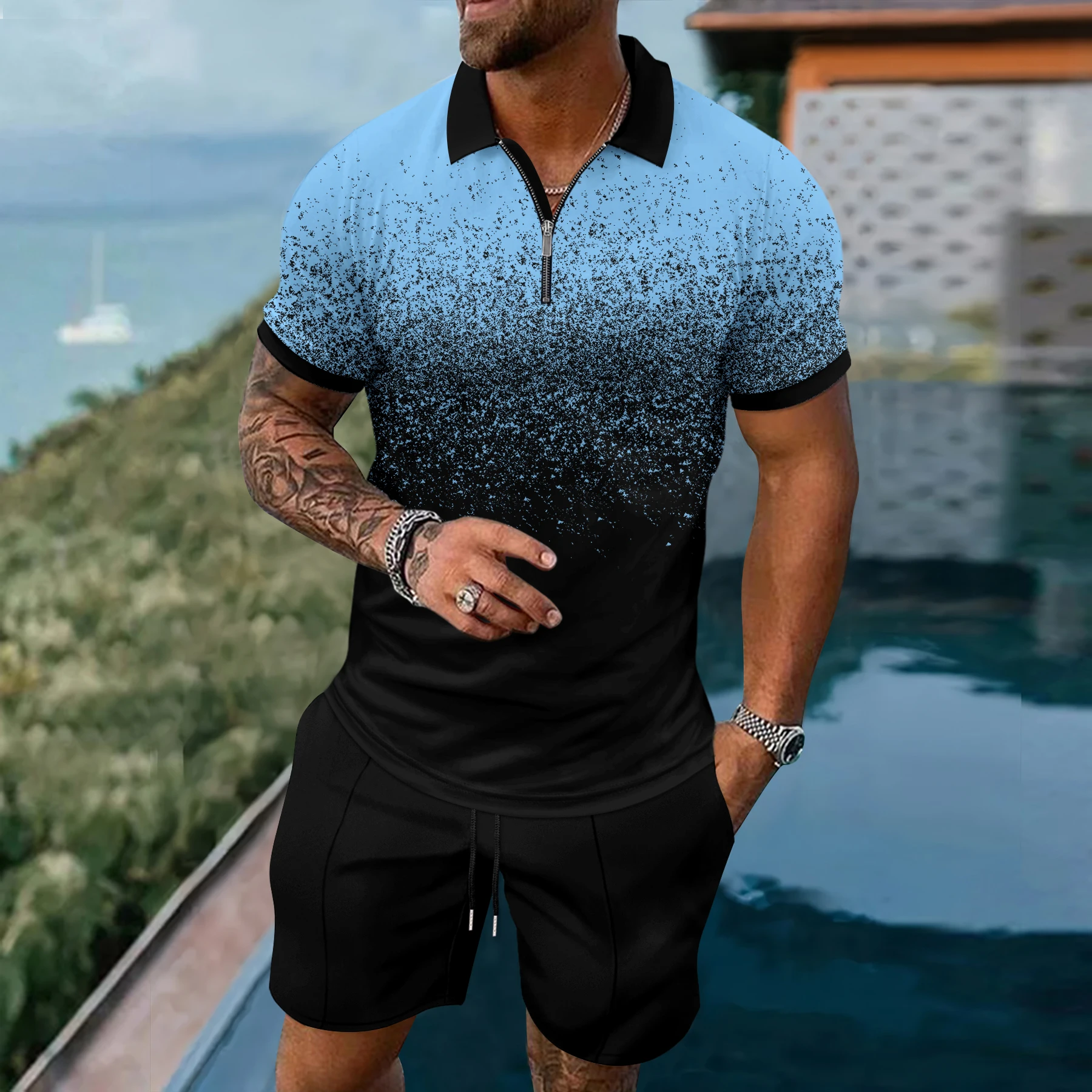 2024 Sommer neue 3D-Druck Farbverlauf Farbe Herren Polos hirt Kurzarm Shorts lässig Revers Set Sommer Mode 2 Stück Set