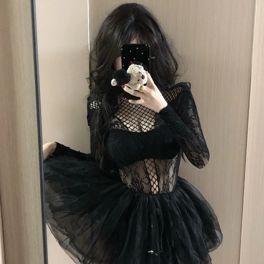 

Gogo Nightclub Sexy Bla Long Sve Hollow out Onesie Women's See tough Top Dance Par Costume Stage Performance Wear