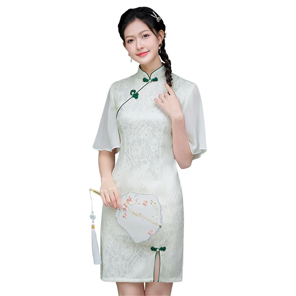 New Lace Temperament Girl Daily Cheongsam Short Improved Retro Republic Chinese Split Qipao Dress Female Slim Evening Party Gown