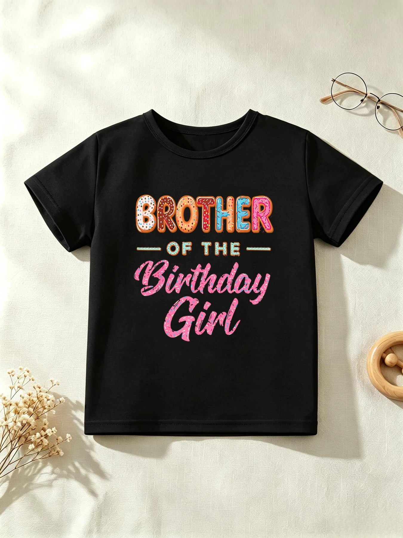 Brother Of The Birthday Girl Donuts Printed T Shirt Boys Birthday Gift T-Shirt Summer Short Sleeve T-Shirt Kawaii Kids Clothes